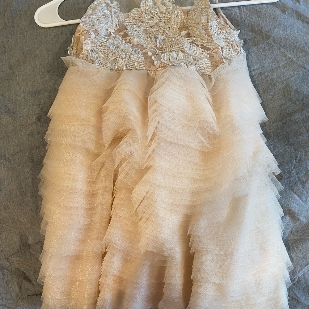 Mischka Aoki Elegant Beige Kids Dress with Floral Lace